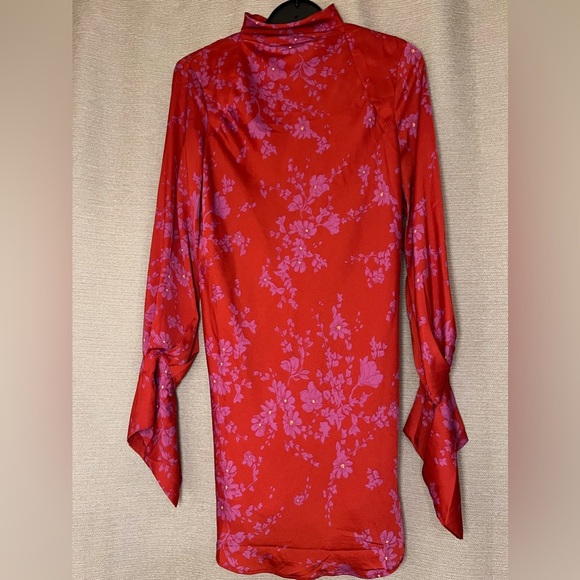 Free People Aries Red Floral Long Sleeve Open Back Mini Dress size Small - Picture 3 of 14